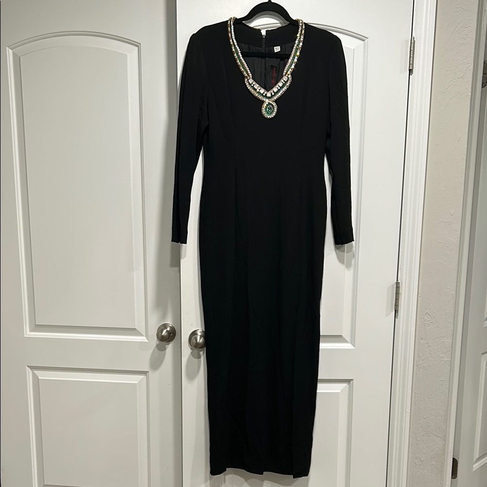Vintage 80’s PAULINE TRIGERE Elegant Jeweled Neckline Black Maxi Dress
